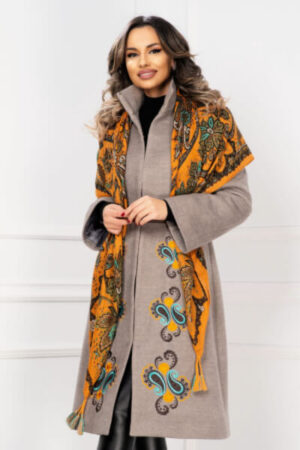 palton-dama-elegant-effect-grej-din-stofa-cu-esarfa-mustar
