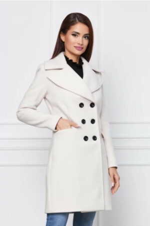 palton alb ivory cu rever maxi scurt