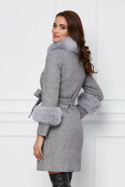 palton gri scurt din lana cu blanita detasabila