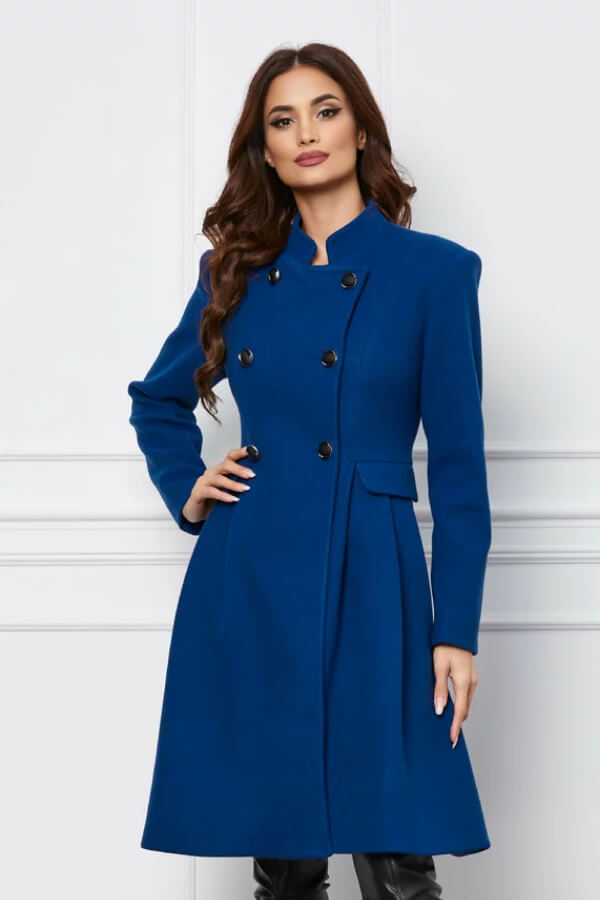palton elegant albastru cu pliuri captusit