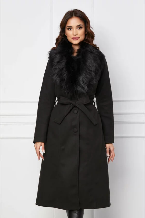 palton elegant negru cu blanita si cordon