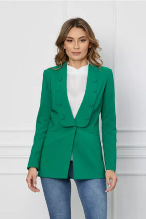 sacou verde elegant de dama cu nasturi decorativi din stofa