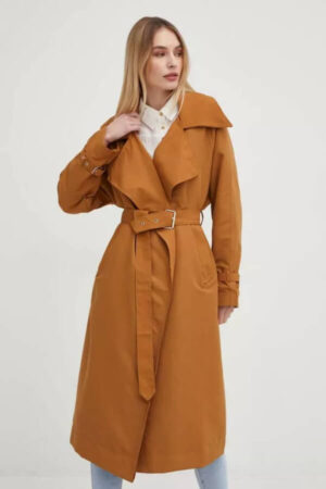 trenci femei Answear Lab maro de tranzitie oversize cu captuseala