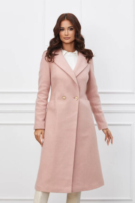 palton gros elegant lung cu buzunare roz