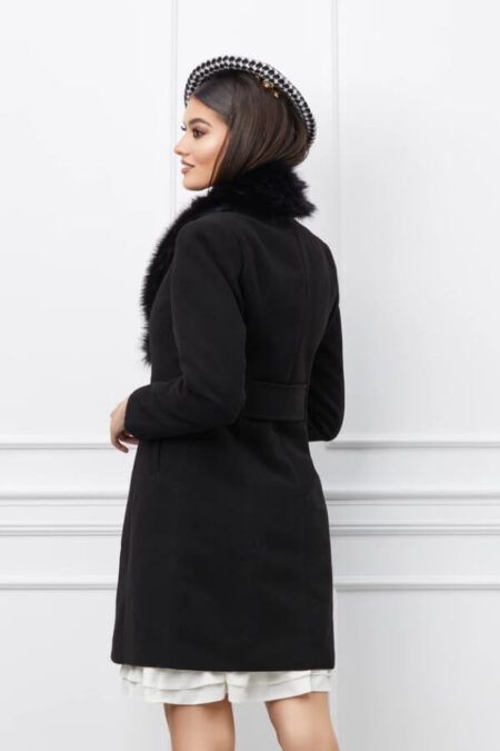 palton negru cu blana la guler din stofa de calitate