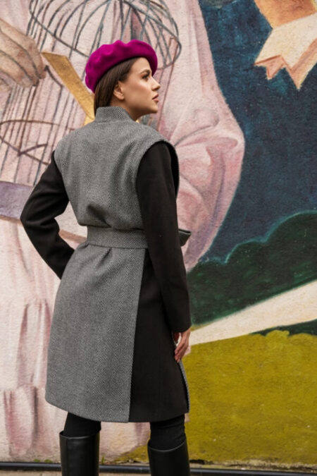 palton dama din stofa elegant captusit negru cu gri