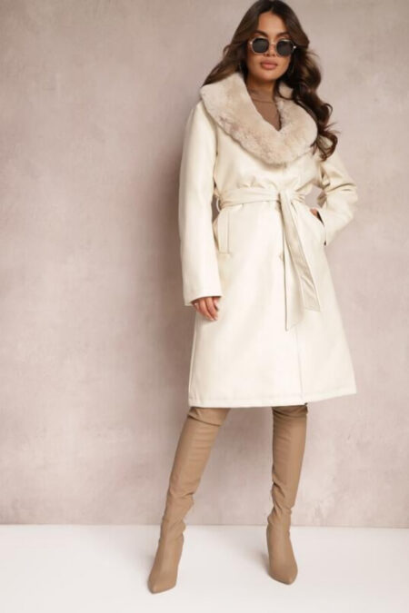 palton de iarna elegant bej cu guler din blana si cordon