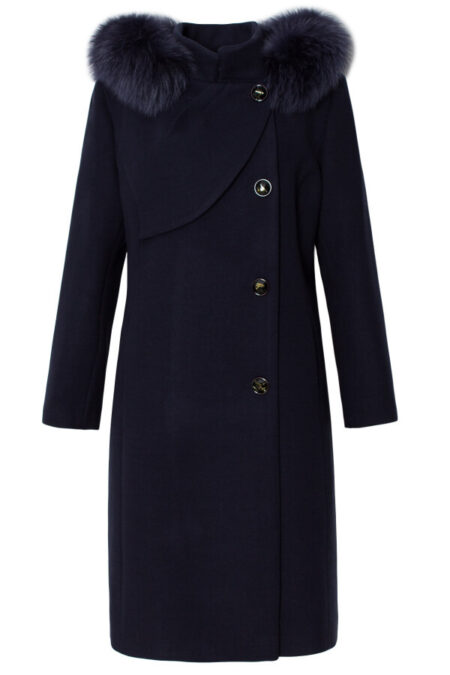 palton elegant din stofa cu blana naturala bleumarin midi cu gluga