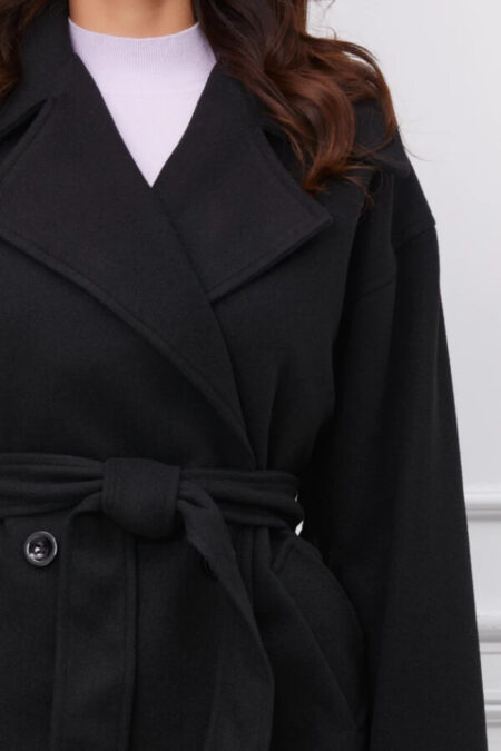 palton elegant negru lung oversize cu croi lejer din stofa
