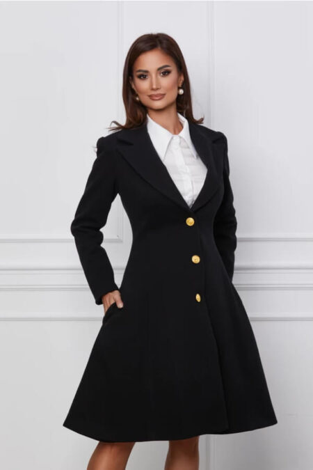 palton negru femei elegant captusit in clos cu buzunare