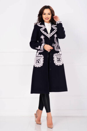 palton dama din lana elegant lung negru cu broderie