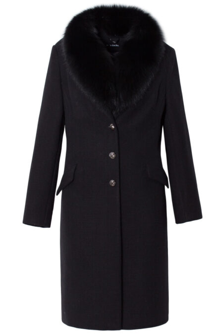 palton dama negru din stofa cu blana naturala matlasat