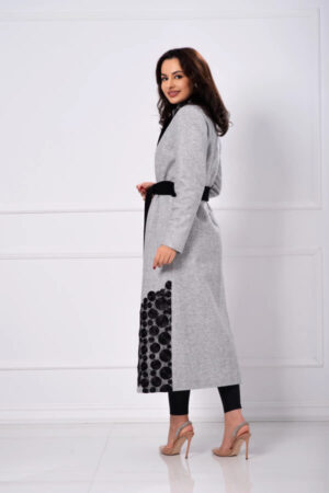 palton elegant lung gri din stofa cu aplicatii tip cercuri