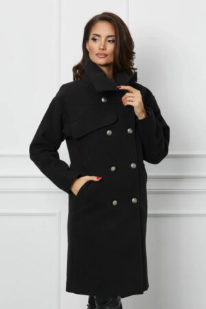 palton femei negru cu nasturi si guler inalt din stofa