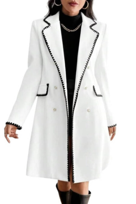 palton alb femei elegant de iarna cu nasturi midi
