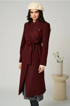 palton elegant din stofa burgundy