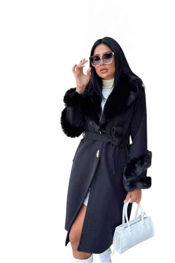 palton negru luxury cu blană palton negru luxury cu blană